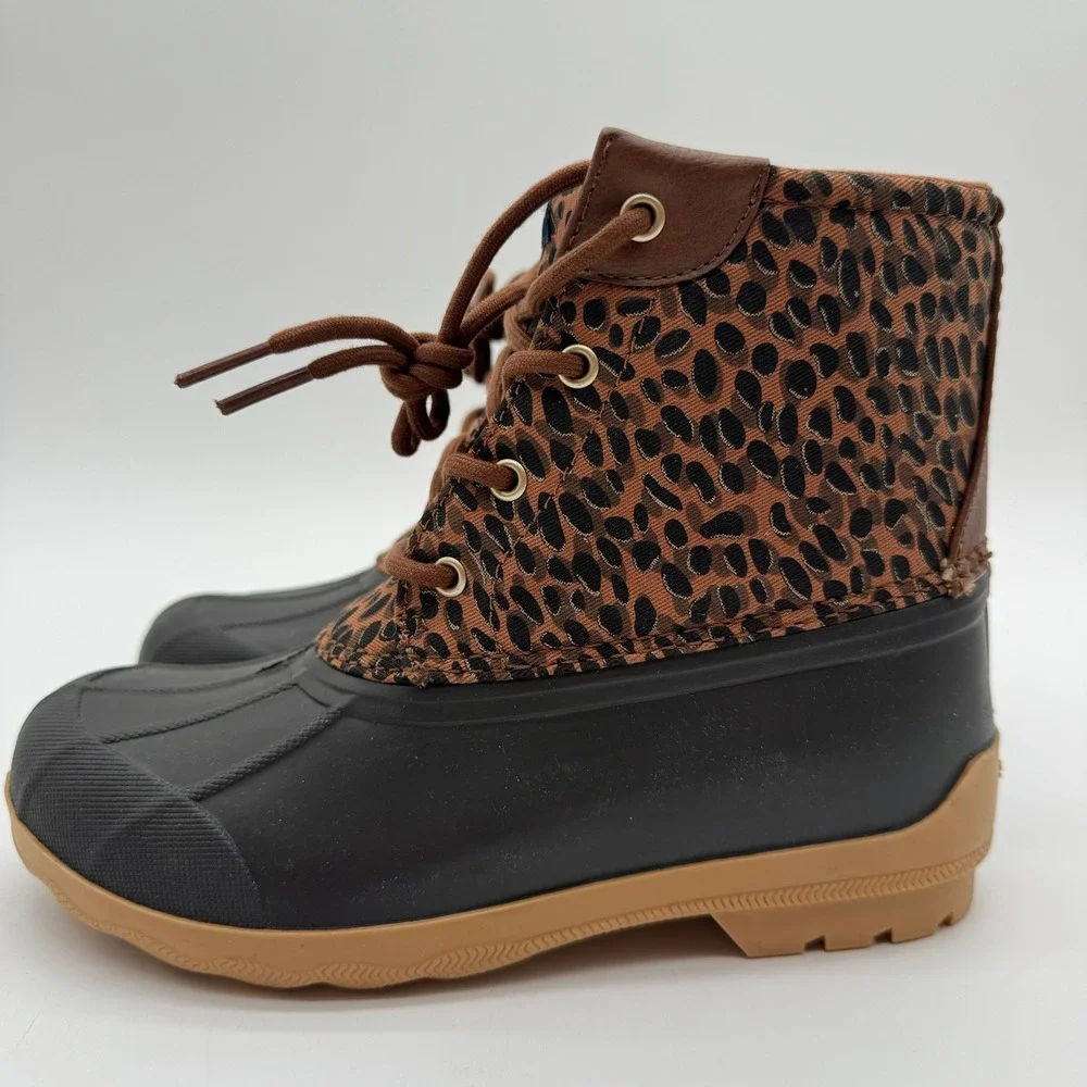 Sperry Women's 3M Leopard Print Duck Boots Brown Black Waterproof Rain Boots